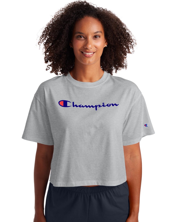 Champion Cropped Script Logo T-Shirt Dames - Grijs - Belgie 1824LZDQN